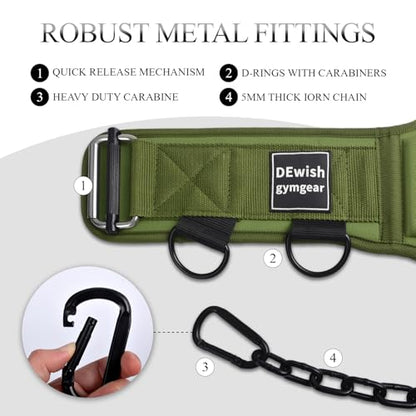 2-in-1 Weightlifting Belt with 36 IN Steel Chain & Self Locking, Dip Belt for Pull Up, Squat, Deadlifts & Added Weight Training - color: Military Green, size: L(33"-36")