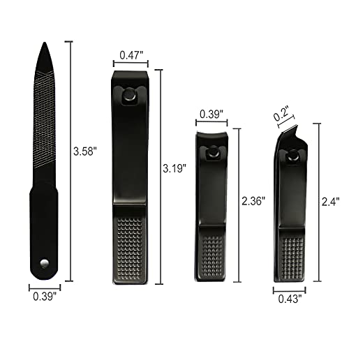 4 Pieces Nail Clippers Set, Ultra Sharp Sturdy Black Stainless Fingernail, Toenail Clipper Cutters and a nial File with Leather Travel Pouch (Black& Black Pouch)