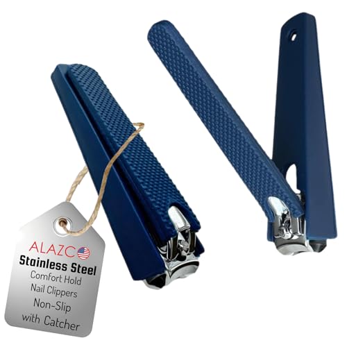 2 Comfort Hold Navy Large Nail Clippers Non-Slip Sure Grip Clipping Removable Catcher Toenails Fingernails Cutter Ultra Sharp Trimmer Stainless Steel Men Women Arthritis Unsteady Hands - size: 2