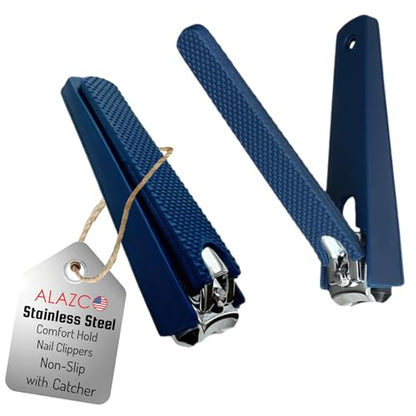 2 Comfort Hold Navy Large Nail Clippers Non-Slip Sure Grip Clipping Removable Catcher Toenails Fingernails Cutter Ultra Sharp Trimmer Stainless Steel Men Women Arthritis Unsteady Hands - size: 2