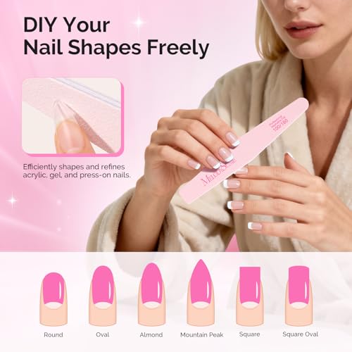 MelodySusie 10Pcs Nail Files 100/180 Grit, Mixed-Shape Double Sided Emery Boards Bulk Pack for Acrylic, Gel and Natural Nails, Professional Manicure Pedicure Shaping Tools for Home Salon, Pink - size: 10Pcs Mix Shape