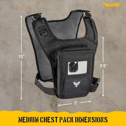 Elite Sports Running Vest w/Phone Holder, Gun Holster for Men/Women, Reflective Lightweight Chest Pack w/Touch Friendly Phone Sleeve, Camera Pocket - Chest Rig for Hiking, Trail, Marathon, Camping - size: Medium