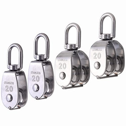Rocaris 4 Pack M20 Pulley Block, 2 Pcs Single Pulley & 2 Pcs Double Pulley 304 Stainless Steel Wire Rope Lifting Swivel Hook - style: 2 Pack Single & 2 Pack Double