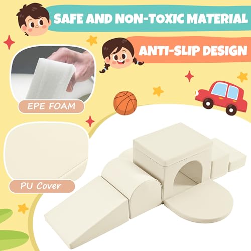 Merax Indoor Soft Foam Tunnel Climber, Toddler Climbing Toys with Tunnel, Steps and Ramp, Soft Climb and Crawl Playset Baby Soft Foam Blocks, 7-piece - color: Pastel Cream