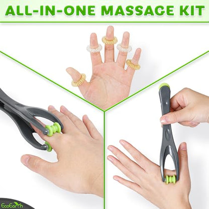EcoEarth Finger & Hand Massager Set - 1 Dual-Sided Massage Roller, 6 Finger Massage Rings - Deep Tissue Comfort & Acupressure Therapy Tools for Arthritis, Carpal Tunnel, Stress & Pain Relief