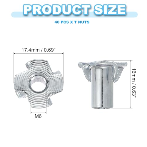 PATIKIL M6 T-Nuts, 40 Pcs Zinc Plated Steel 4-Pronged Tee Blind Nut 16 mm Length Four-jaw t Nuts Threaded Inserts Hardware for Wood Furniture Cabinetry Rock Climbing Holds - size: M6x16 mm