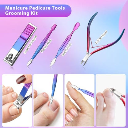 CGBE 12Pcs Manicure Set Nail Clippers Pedicure Kit Men Women Grooming kit Manicure Professional Nail Care Tools Gift with Luxurious Travel Case - color: Colorful-12pcs