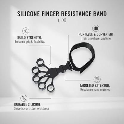 Silicone Finger Extensor Resistance Band for Hand Exercise & Grip Training - Portable Workout Tool for Musicians, Climbers & Fitness (Black, 1 Pack)