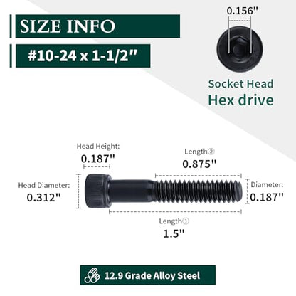 #10-24 x 1-1/2" Socket Head Cap Screws Bolts, 12.9 Grade Alloy Steel, Black Oxide Finish, Allen Hex Drive, Partial Thread, 50-Pack - size: #10-24 x 1-1/2"