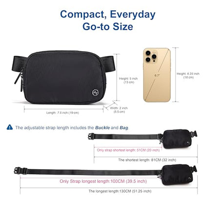 Pander Two Way Zipper Fanny Pack Nylon Everywhere Belt Bag for Women, Water Repellent Waist Packs, Crossbody Bags with Adjustable Strap (Black). | 1L nylon belt bag with a two-way zipper, three interior mesh pockets, and an adjustable strap for waist or c