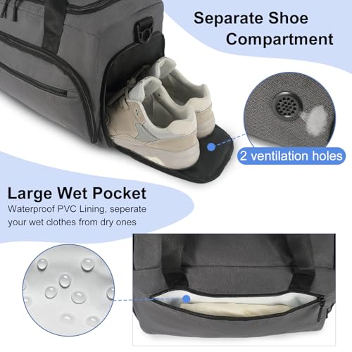 Gym Bag for Men Women, Sports Duffle Bag with Wet Pocket & Shoes Compartment, Water Resistant Overnight Weekender Bag Duffel Bag - color: Grey