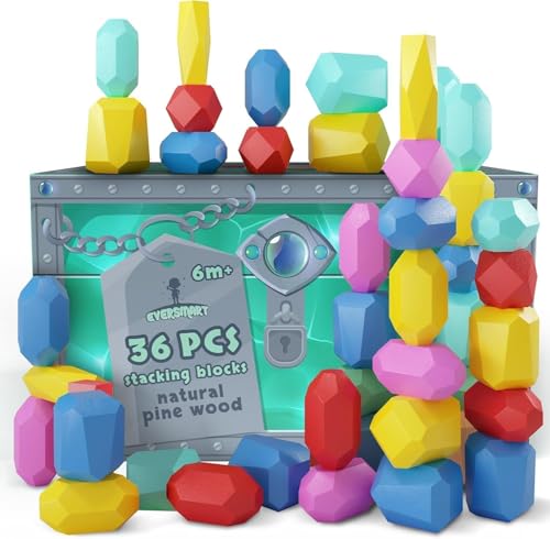 Wooden Stacking Blocks – Montessori Toys for 1 2 3 4 5 6 Year Old Toddlers and Kids, No Choking Hazard – Building Rocks Stones Games, for Girls and Boys - size: 36 XL Rocks - Vibrant Colors
