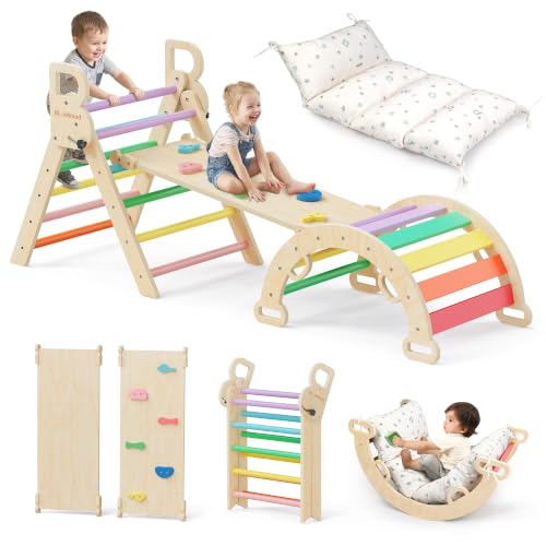 Pikler Triangle Set with Cushion, Wooden Climbing Toys for Toddler | Foldable 8-in-1 Montessori Philosophy Toddler Climbing Toys Indoor with Reversible Ramp, Arch and Ladder - Sunshine Rainbow - color: Sunshine Rainbow