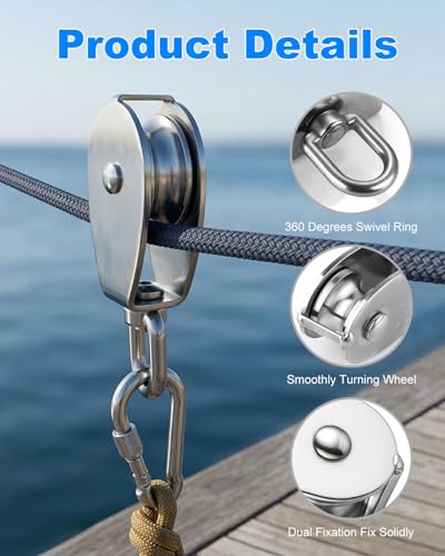 Rocaris 2 Pack M50 Single Pulley Snatch Block 304 Stainless Steel Lifting Crane Heavy Duty Swivel Hook, 3/8" Rope x 2" Sheave, 800 lbs Load - style: 2 Pack M50 Single