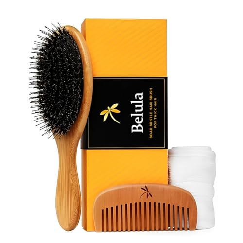 Premium Boar Bristle Hair Brush for Thick Hair Set. Hairbrush for Women With Thick, Long or Curly Hair. Restores Hair's Shine and Health. Comb, Travel Bag & Spa Headband Included - color: Large