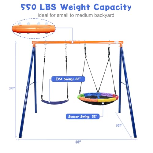 2 in 1 Swing Sets for Backyard, 440lbs Metal Stand with Saucer Swing | 32in Saucer & Belt Swing, A-Frame Steel, Ages 3-12, Adjustable Height, Ground Stakes, Outdoor Playground