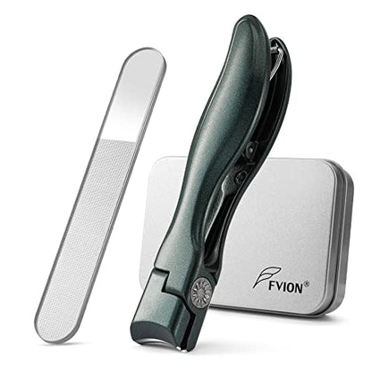 FVION Nail Clipper for Thick Fingernail and Toenail, Wide Jaw Nail Clippers with Crystal File, Large Toe Nail Clipper with Catcher for Men and Women, Nail Cutter Set - Green