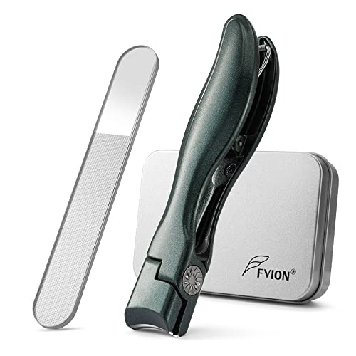 FVION Nail Clipper for Thick Fingernail and Toenail, Wide Jaw Nail Clippers with Crystal File, Large Toe Nail Clipper with Catcher for Men and Women, Nail Cutter Set - Green