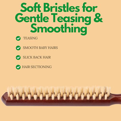 GranNaturals Soft Boar Bristle Teasing Brush for Slick Back Hair, Backcombing, Edge Control, Smoothing Baby Hairs to Create Volume and Sleek Hairstyle - White Bristles - Wooden Rat Tail Comb Handle