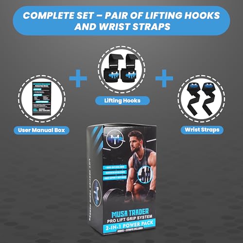 Musa Trader 2-in-1 Weightlifting Hooks & Wrist Straps for Men Women | Heavy Duty Lifting Hooks with Wrist Support | Deadlift Straps Gym Grip | Neoprene Padded | Supports 250 lbs