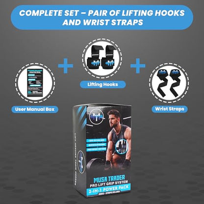 Musa Trader 2-in-1 Weightlifting Hooks & Wrist Straps for Men Women | Heavy Duty Lifting Hooks with Wrist Support | Deadlift Straps Gym Grip | Neoprene Padded | Supports 250 lbs