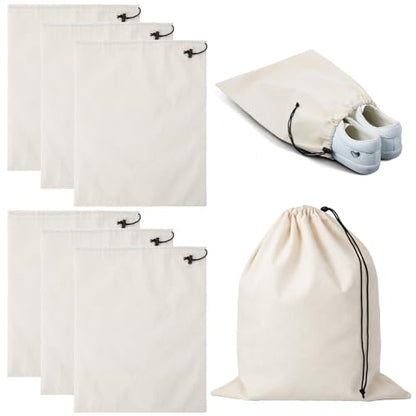 6 Pack Cotton Shoe Bags for Travel & Storage - 17.7"x13.8" Dustproof Drawstring Pouches, Washable & Reusable Cotton Organizers (Beige)