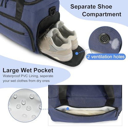 Gym Bag for Men Women, Sports Duffle Bag with Wet Pocket & Shoes Compartment, Water Resistant Overnight Weekender Bag Duffel Bag - color: Blue