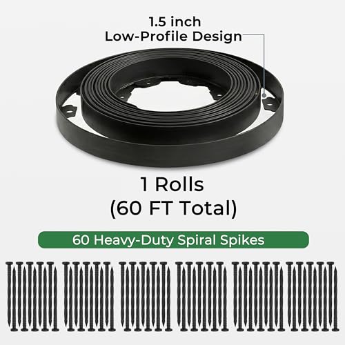 Gardzen 1.5" x60' Landscape Edging Kit with 60 Spikes | Garden Edging Coil for Lawn Borders and Landscape Projects, Easy No Dig Installation with Durable Ground Stakes Included - size: 60ft