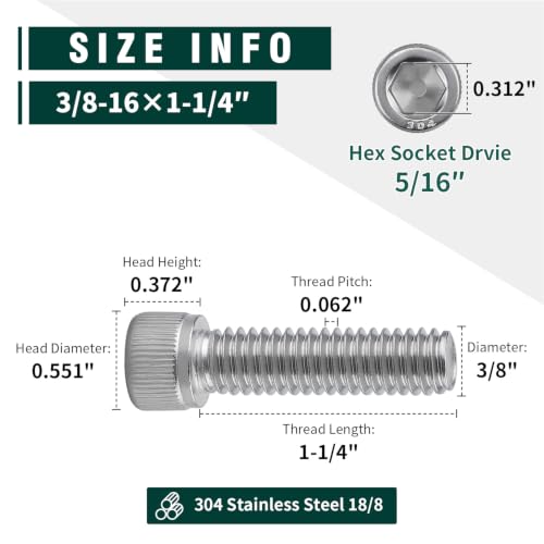 3/8-16 x 1-1/4" Socket Head Cap Screw Bolt, 304 Stainless Steel 18-8, Allen Hex Drive, Coarse Thread UNC, 10 PCS - size: 3/8-16 x 1-1/4"