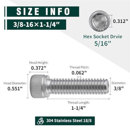 3/8-16 x 1-1/4" Socket Head Cap Screw Bolt, 304 Stainless Steel 18-8, Allen Hex Drive, Coarse Thread UNC, 10 PCS - size: 3/8-16 x 1-1/4"