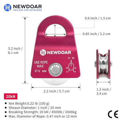 NewDoar Micro Mobile Single Pulley,20kN(4500 lb) Max Rope 1/2in for Rigging Arborist Climbing Rescue,CE Certified - color: One Unit (20KN Pulley Red)