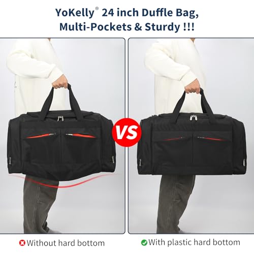 24 inch Large Gym Bag for Men - 65L Hard Bottom Duffle Bag with Shoes Compartment for Sport/Travel - Black - color: Black