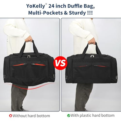 24 inch Large Gym Bag for Men - 65L Hard Bottom Duffle Bag with Shoes Compartment for Sport/Travel - Black - color: Black