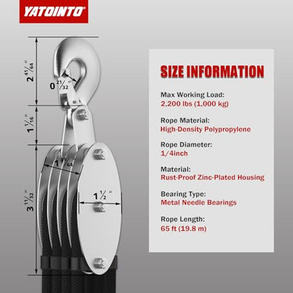 YATOINTO Rope Hoist Pulley System with Metal Bearing Rope Guide, 4400LB Pulley Block and Tackle, 8:1 Ratio Lifting Power 65ft, Heavy Duty Pulley Block for Hunting Lifting Garage Warehouses Building - size: (Anti-tangle)4 Pulley
