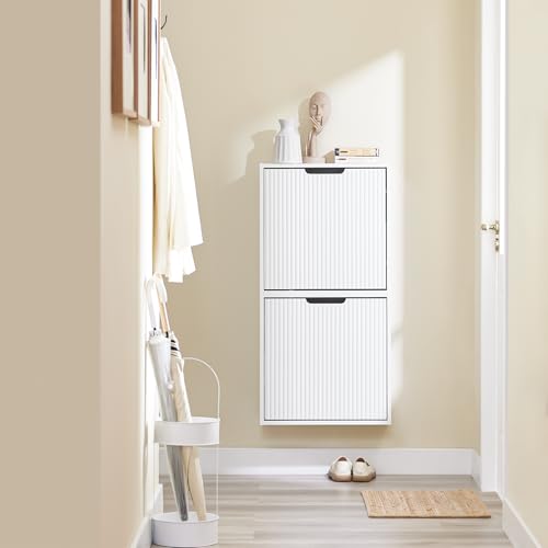 SoBuy Wall Mounted Slim Shoe Cabinet for Entryway, Narrow Shoe Rack Cabinet with 2 Flip Drawers, FSR204 (White) - color: White, size: Wall Mounted