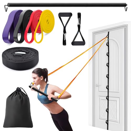 Brebebe Door Anchor Strap for Resistance Bands Exercises, Multi Point Anchor Gym Attachment for Home Fitness, Portable Door Band Resistance Workout Equipment, Easy to Install, Punch-Free, Nail-Free - style: 9 pc set (Anchor + Bar + Bands Set)