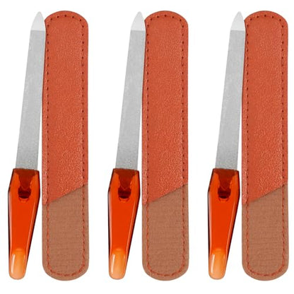 3 Pack Nail File Metal Sharp Pointed Tip with Leather Sheath Case 5 Inch | Double Sided Grit Nails for Natural Non Slip Handle Fingernail Files Stainless Steel Manicure for Women