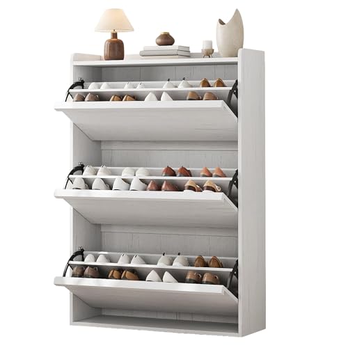 Takywep Flip Drawer Shoe Storage Cabinet for Entryway, Hidden Narrow Wooden Shoe Organizer with Removable Inner Shelves, Hallway Shoe Rack Cabinet, Multiple Options: 3 Drawers in White Finishes - color: White, size: 3 Drawers