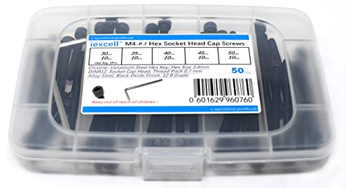 iexcell 50 Pcs M4 x 30/35/40/45/50 Alloy Steel 12.9 Grade Hex Socket Head Cap Screws Bolts Assortment Kit, Black Oxide Finish - size: M4 x 30/35/40/45/50mm