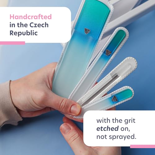Bona Fide Beauty Czech Glass Gift Set: Foot File, Nail File, Cuticle Pusher | Aqua color set: genuine Bohemian crystal glass set includes protective cases and sleeves. Reusable and easy to clean. - color: Blue