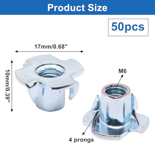 M6 T Nuts 50Pcs Threaded Inserts T-Nuts, Zinc-Plated Steel 4 Pronged Tee Nuts for Wood, Rock Climbing Holds Cabinetry - size: M6(50Pcs)