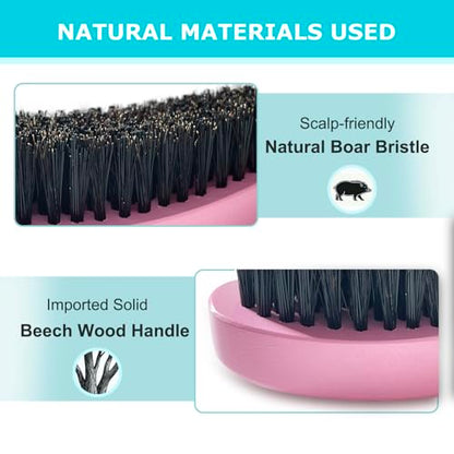 Boar Bristle Slick Back Hair Brush - Edge Control Hairbrush for Women Men | Medium Hard Natural Slicking Back Brushes for Straight and Curly Hair Smoothing Detangling, Anti-Frizz (Pink)
