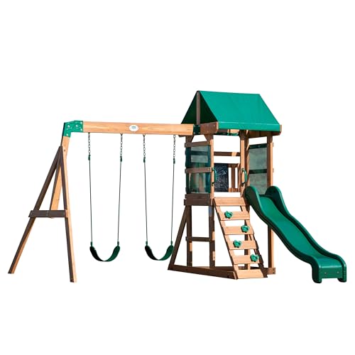 Backyard Discovery Buckley Hill Cedar Wood Swing Set with Wave Slide, Play Deck, Rock Wall Ladder, Belt Swings, Chalkboard, Canopy Roof, Outdoor Playset - color: Green