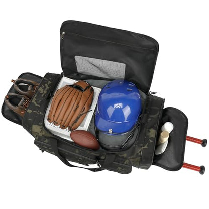 TUGUAN Large Baseball Softball Duffle Bag, 3 in 1 Baseball Equipment Duffel Backpack for Adult Youth, 65L Bat Bag with Shoes Compartment - 2 Bat Sleeves Fence Hook Hidden Dual Straps - color: Camo