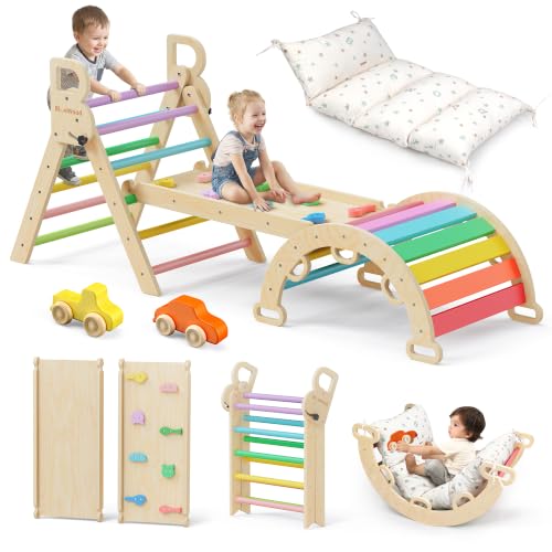 BlueWood Pikler Triangle Set with Cushion - Climbing Toys for Toddlers 9-in-1, Montessori Philosophy Play Jungle Gym with Arch, Ramp, Ladder (Colorful) - color: Colorful