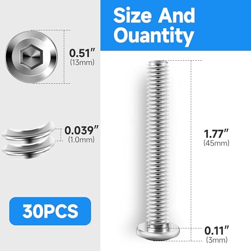 30Pcs M6 x 45mm M6 Screws Flat Head Socket Cap Screw Bolts Furniture Bolts, Allen Socket Drive M6 Bolt, Stainless Steel 304, Bright Finish M6x1.0 Bolt by Marysino - color: Silver, size: M6 x 45mm