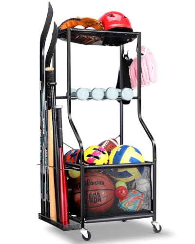 EXTCCT Sports Equipment Garage Organizer - Rolling Ball Storage with wheels, 3-Tier Sports gear Storage Rack Indoor & Outdoor Balls Cart with Hooks for Home, Garage (Black) - color: Black - Small