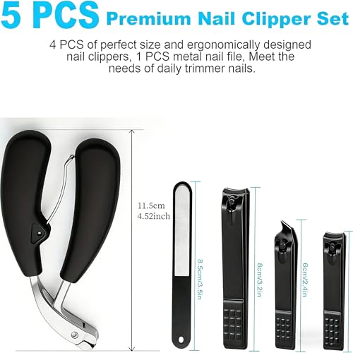Nail Clipper Set，Slanted Nail Clipper Heavy Duty Toe Nail Clippers for Men ，Ergonomic Non-Slip Long Handle Nail Clippers for Adults Seniors Stainless Steel Nail Cutter & File (Silver) - color: 5pcs-silver
