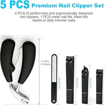 Nail Clipper Set，Slanted Nail Clipper Heavy Duty Toe Nail Clippers for Men ，Ergonomic Non-Slip Long Handle Nail Clippers for Adults Seniors Stainless Steel Nail Cutter & File (Silver) - color: 5pcs-silver
