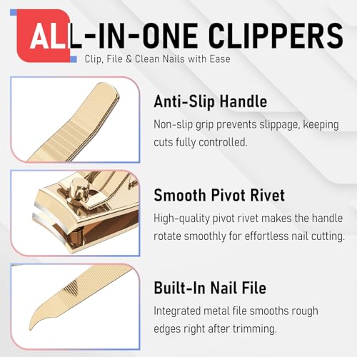 firiKer Nail Clipper Set, Sturdy Stainless Steel Fingernails & Toenails Clippers & Nail File, Sharp Effortless Fingernail Toenail Trimmer, Portable Nail Cutter for Women Men（Golden） - color: Light Gold